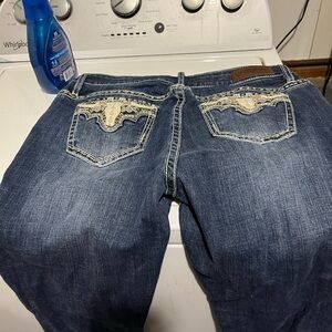 Rock & Roll Cowgirl Dark Blue Boot Cut Jeans with Cream Embroidery